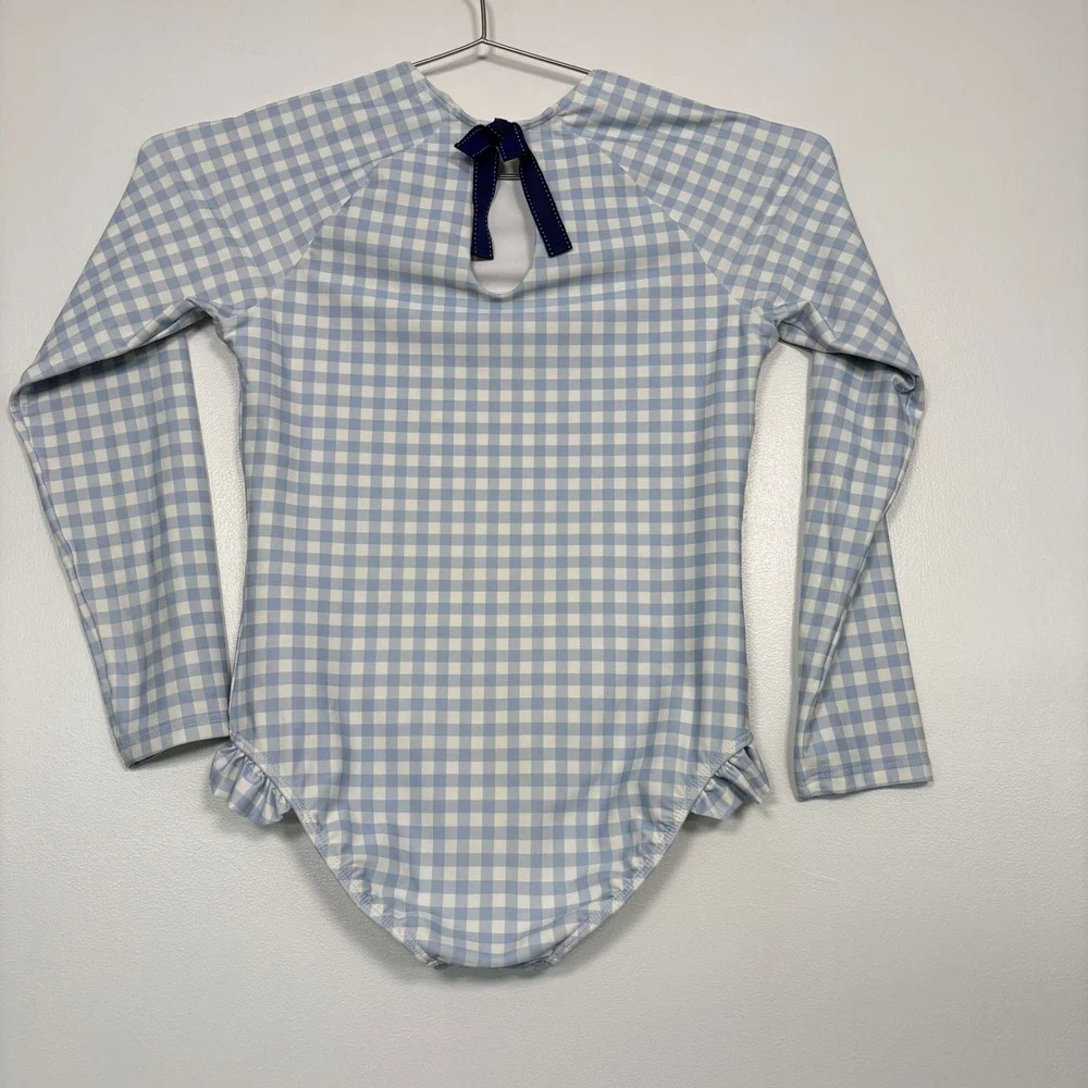 Minnow Kids Swimsuit 11/12 Blue Gingham Long Sleeve Rash Guard Ruffle One Piece